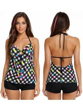 Vintage Sz  XL Tankini Top Y2K Black Neon Plaid Halter Beaded Swim Top